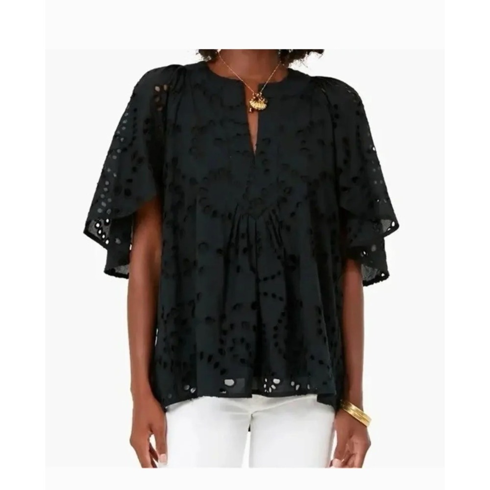 Tuckernuck‎ sz S black cotton eyelet flutter sleeve peasant V neck blouse H
